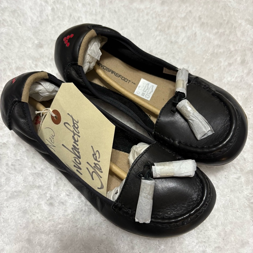 Vivo Barefoot Black Leather Loafers with Red Logo